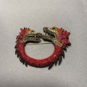 Red dragon two headed statement brooch pin